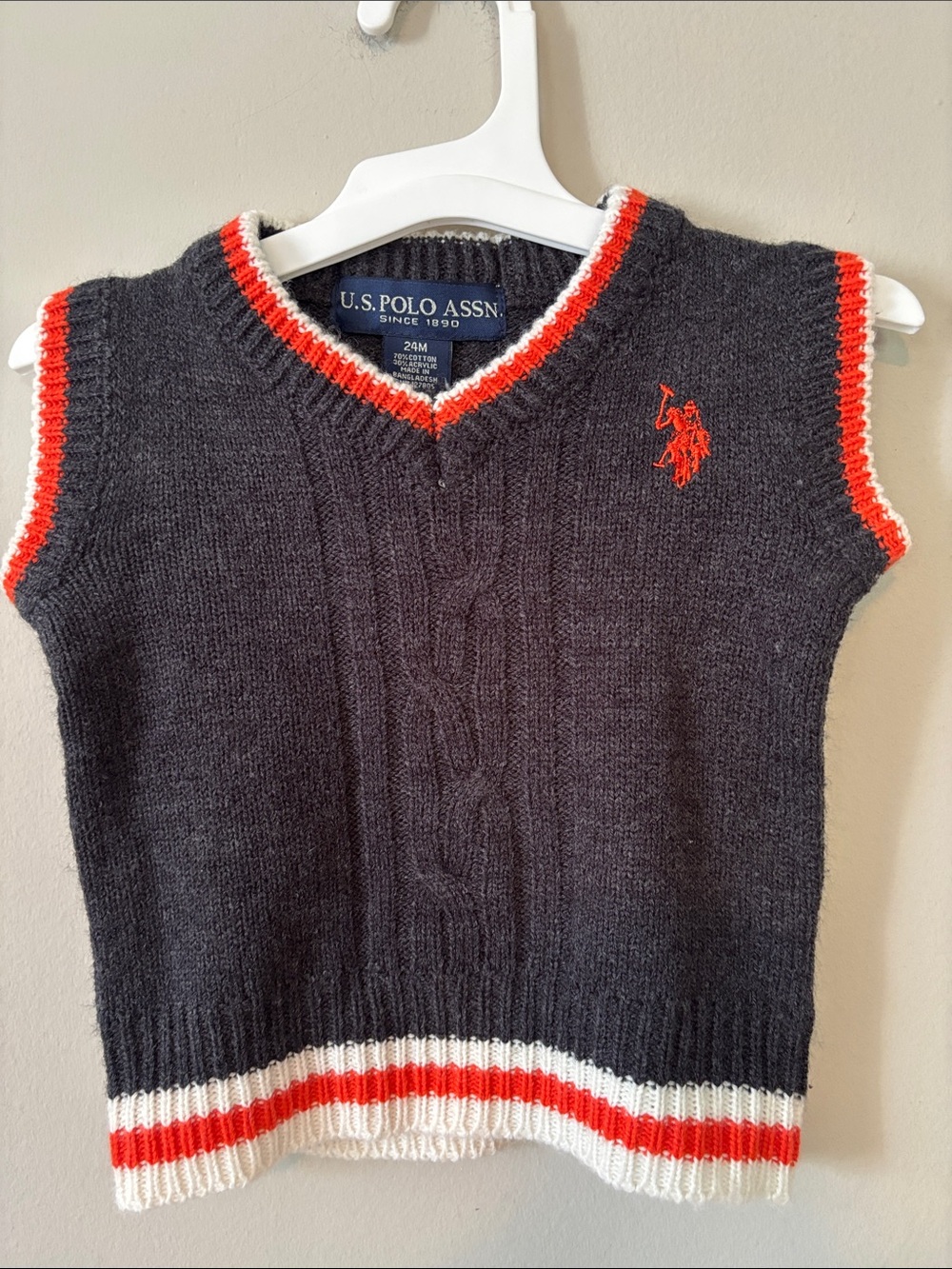 U.S. Polo Assn. Toddler Boy 24M Charcoal Gray Cable Knit V-Neck Sweater Vest